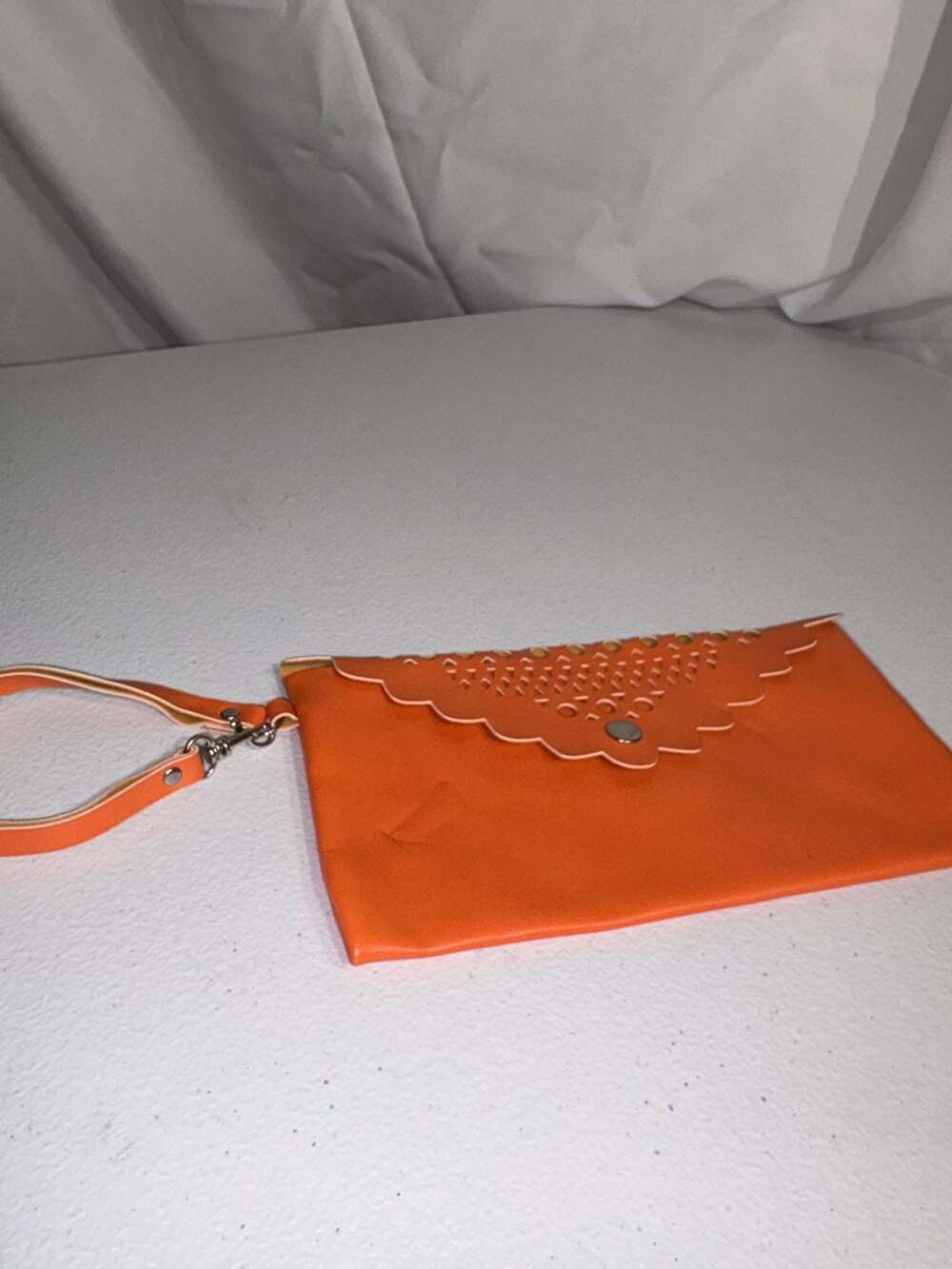 Saks Fifth Avenue Orange Faux Leather Laser-Cut Envelope Wristlet Clutch